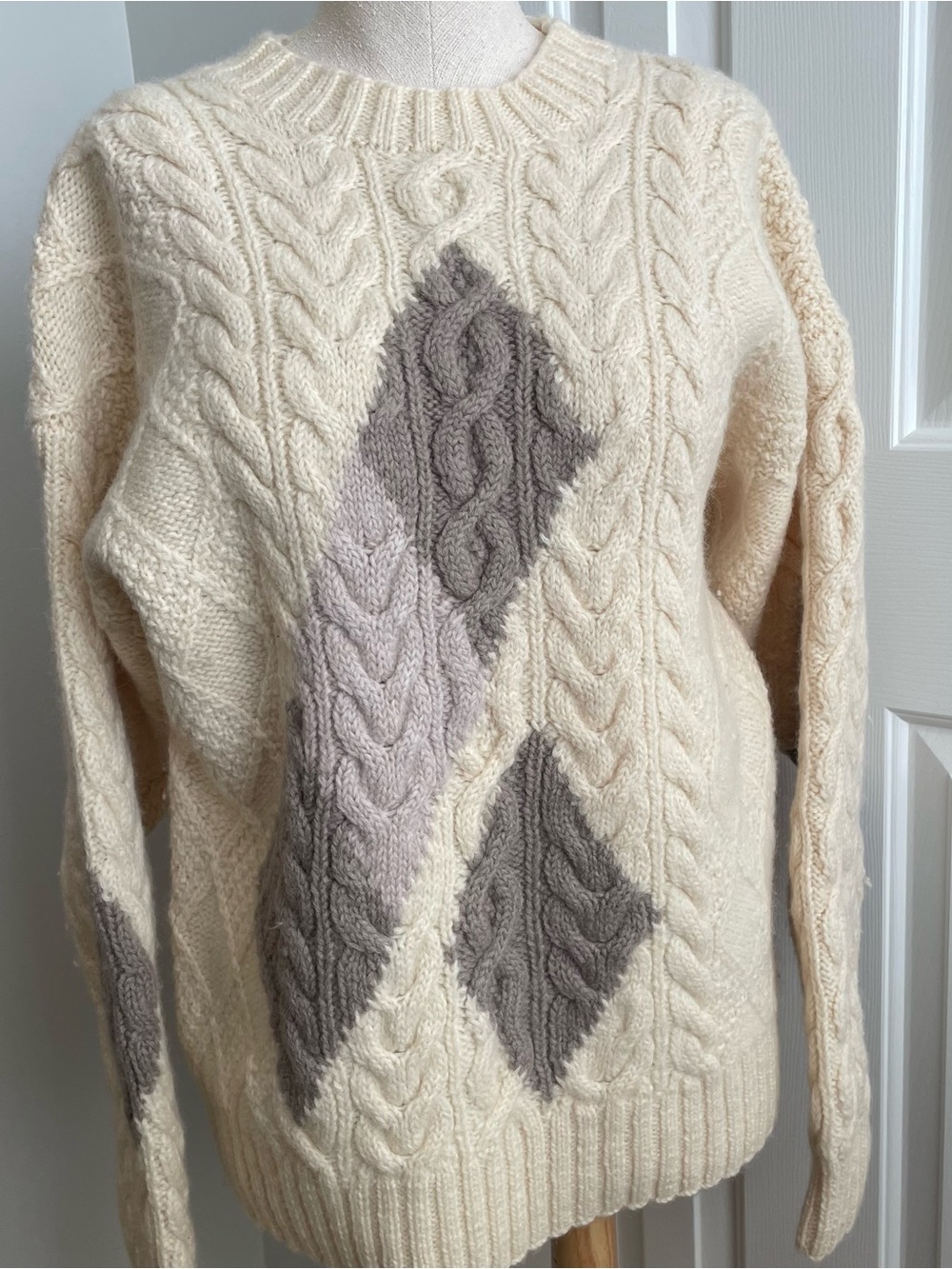 Cream Cable Knit Sweater with Taupe Diamond Accents